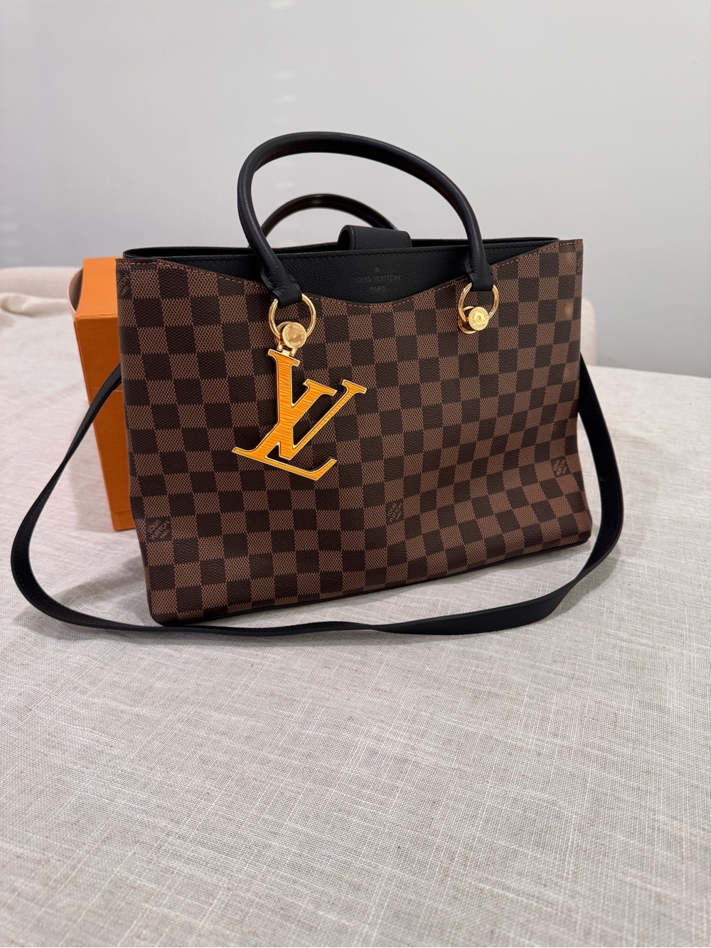 Louis Vuitton Brown Damier Ebene Canvas Tote with Black Trim and Yellow LV Charm - Picture 12 of 15